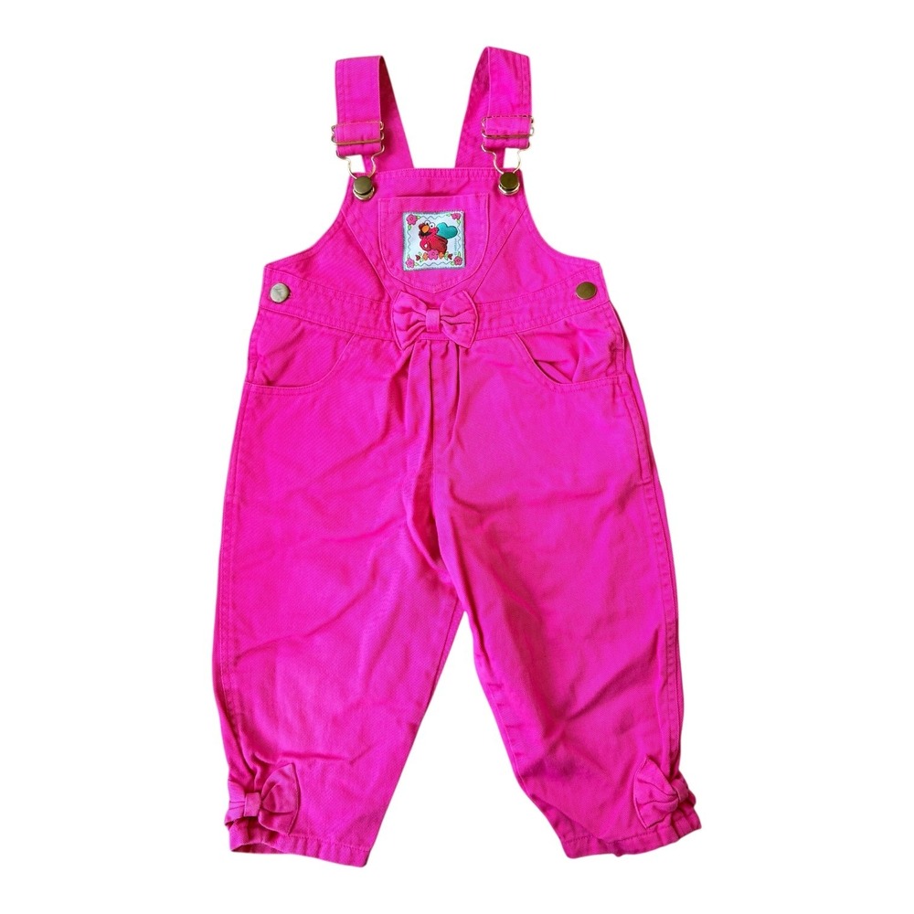 VTG 90s Y2K Sesame Street Elmo Pink Denim Overalls 2T Bow Ankle Made USA